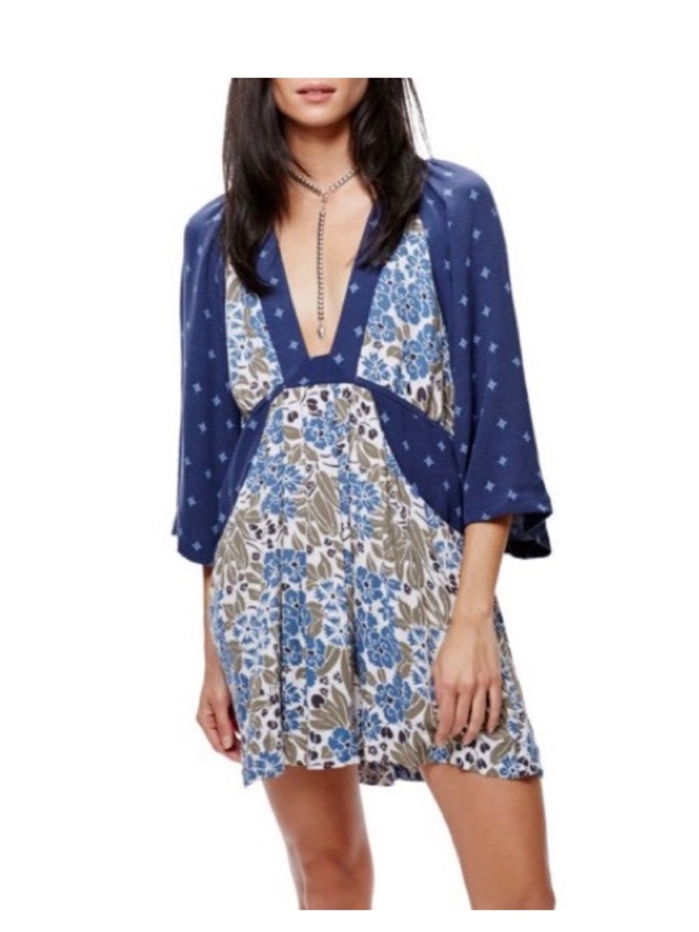 Free people Talulla Floral Boho Printed Mini Dress Blue Size XS Deep V-neck